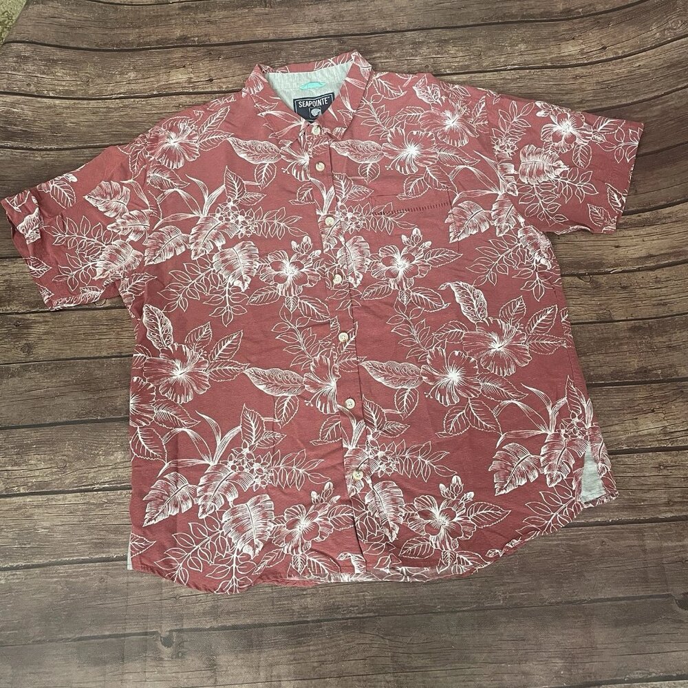 Men’s Seapointe Hawaiian Hibiscus Floral Short Sleeve Button Down Shirt XL